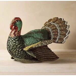 Stunning Beaded Sequin Turkey Pillow Novelty Plush Animal John Derian Home Decor